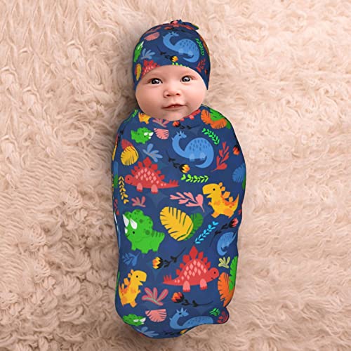 Image of Cartoon Dinosaur Newborn Swaddle Blankets with Hat Sets Newborn Receiving Blanket for Boy Girl Swaddle Sack Shower Infant Gift