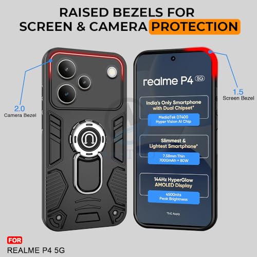 Image of AESTMO Realme P4 5G Back Case Cover | Tough Armor Bumper | Ring Holder & Kickstand in-Built | 360 Degree Protection Cover for Realme P4 5G (Black)