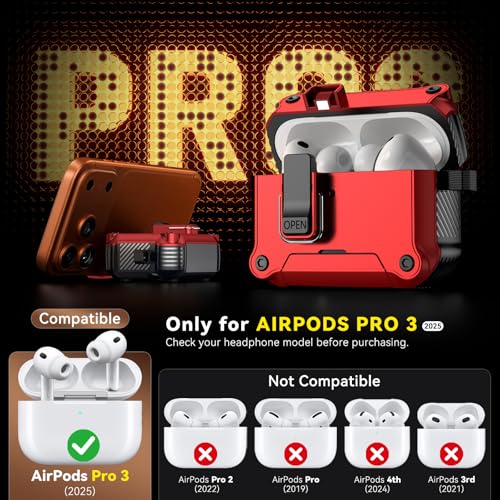 Image of Inesore for AirPods Pro 3 Case with Secure Lock (Red) | Phone Stand Design,Compatible with MagSafe,Automatic Snap Switch Secure Cover with Cleaner Kit & Keychain