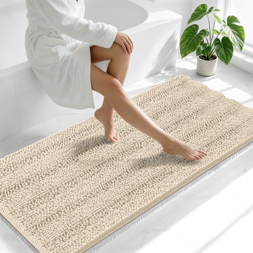 Image of Smiry Thick Chenille Bathroom Runner Rugs 59x24, Absorbent Striped Bath Mat, Machine Washable, Rubber Backing, Extra Long Bath Rugs for Tub & Shower, Modern Home Decor Accessories, Sand