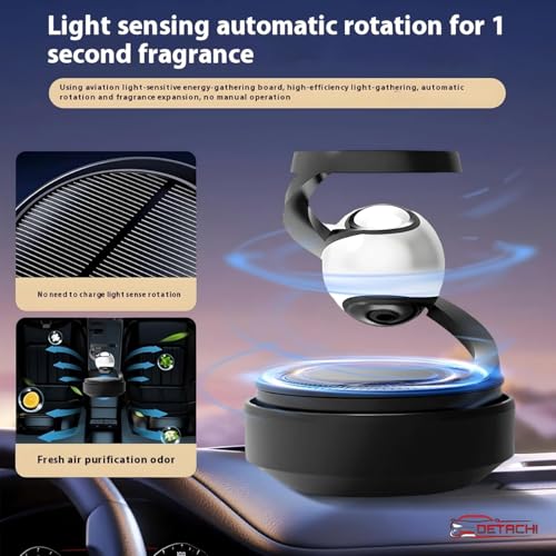 Image of DETACHI Solar Powered Car Air Diffuser-Refillable Rotating Dashboard Air Perfume Purifier for Cars, Aromatherapy Decor, Autorotation Accessories for Car Interior, Levitating Fragrance Diffuser-Black