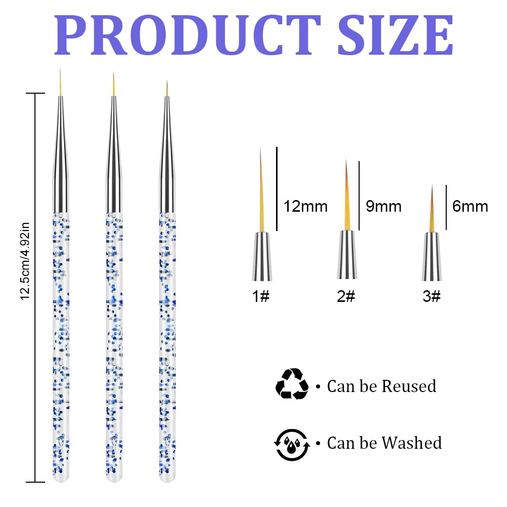 Pinceles para Uñas, 3 PCS Cepillo Uñas Para Pintura Brochas, Nail Art Pintura Dibujo Línea Herramienta, Detalle Para Dibujando Patrones para Uso Diseñol y Bricolaje, Azul