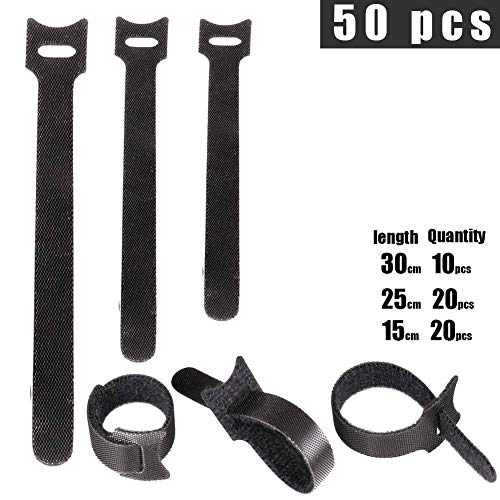 Gancho y bucle correas,50Pcs Ataduras de Cable, Cable Correas Set, Reutilizables Cable Ties, Gancho Bucle Correas, Cable Organizador, 3 Tamaños Diferentes (30cm, 20cm, 15cm) u0096u0096 Negro