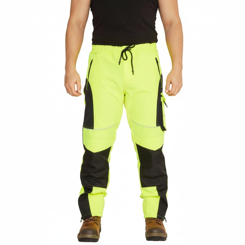 Sam Caan® Hi Vis Mens Work Trousers Softshell Men High Visibility Viz Reflective Water Resistant Combat Cargo Rain Proof Repellent Windproof Safety Site Work Wear Builder Pants Soft Shell Workwear