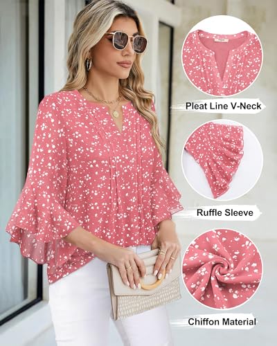 Image of Timeson Women's Short Sleeve V Neck Blouses Shirts Floral Double Layers Mesh Tunics Tops