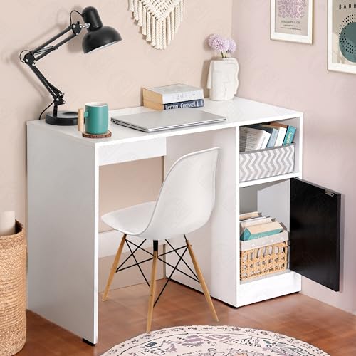 Image of ABOUT SPACE Study Table with Bottom Storage - WFH /Office Computer Table for Laptop, PC, Working, Drawing for Home Office Desk Engineering Wood(White & Black Mahogany- L 95 x B 45 x H 75 cm)