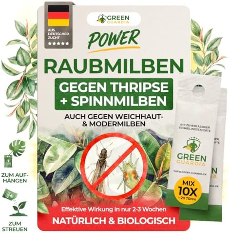 GREEN GUARDIA Raubmilben Mix gegen Thripse & Spinnmilben | 10x Mixe mit 20x Tüten – biologische Nützlinge zur Schädlingsregulierung für Zimmer-, Balkon-, Gewächshaus- & Gartenpflan