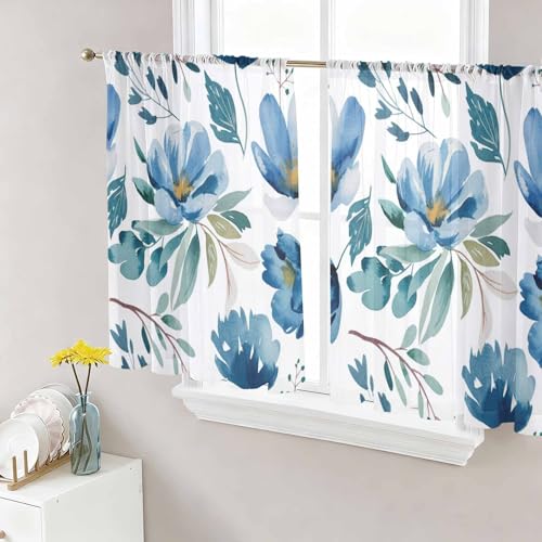 Blue Floral Sheer Curtains 45 Inch Length 2 Panels Set