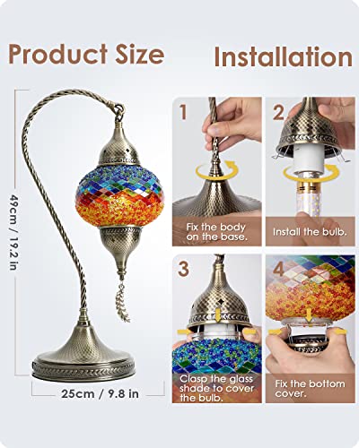 Yarra-Decor Turkish Moroccan Mosaic Table Lamp With Bronze Base - 3 Color Options Handmade Swan Neck Tiffany Mosaic Glass Bedside Lamps For Bedroom, 19" Color2(Led Bulb Included) #TOP5