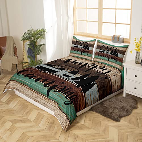 richhome Camping Rustic Duvet Cover Double Size 3 Pcs Wild Trees Cartoon RV Decor Bedding Set for Kids Teens Adults Retro Green Brown Stripes Western Style Comforter Cover with 2 Pillowcases - Image 2