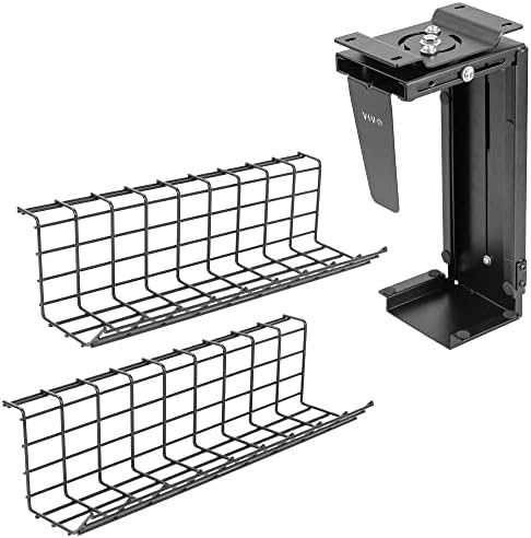 VIVO Adjustable Under Desk and Wall PC Mount, Computer Case Holder, 135 Degree Swivel with Dual Iron 17 inch Cable Management Wire Racks, Power Strip Holders, Bundle
