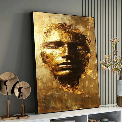 Tableau abstrait doré visage humain, œuvre d'art expressive