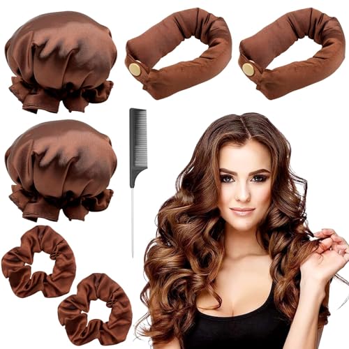 ZOCONE 2 Pcs Heatless Curlers Headband with Hairnet, Bun Bons Heatless Curls Overnight Use, Soft Satin Heatless Curling Set, Hair Curlers No Heat with Comb, Heatless Curler Hair Styling Tools(Brown)