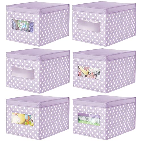 Image of mDesign Large Soft Stackable Fabric Baby Nursery Storage Organizer Holder Bin Box with Front Window and Lid for Child/Kids Bedroom, Playroom, Classroom - 6 Pack, Light Wisteria Purple/White Polka Dot