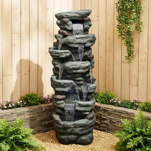 Image of SunJet 51 inch High Multi-Tiers Cascading Rock Outdoor Water Fountain with LED Lights - Large Outdoor Fountains and Waterfalls for Garden or Patio, Yard, and Deck Decor, Featuring Natural Stone Look