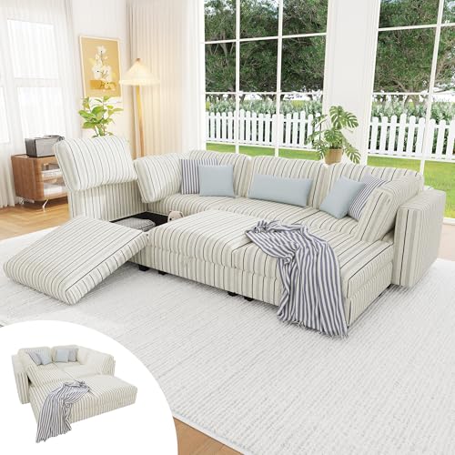 Image of 99 inch Cotton Linen Modular Sectional Sofa Bed with Hidden Storage, 6 Seat Convertible L U Shaped Sleeper Couch with Ottoman Chaise, Farmhouse Modular Sectional Couch with Removable Cover for LivingRoom