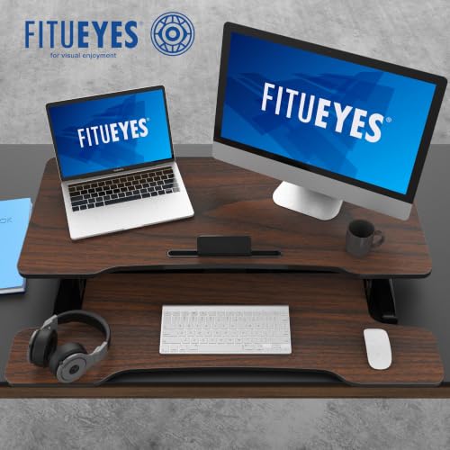 Image of FITUEYES Height Adjustable Standing Desk 36 inch Wide Sit to Stand Converter Stand Up Desk Tabletop Workstation for Laptops Dual Monitor Riser Brown SD309102WE