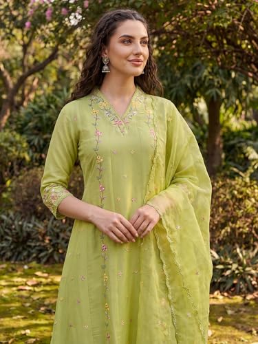 Image of INDO ERA Women's Silk Blend Floral Embroidered Thread Work Kurta & Pant with Dupatta Set