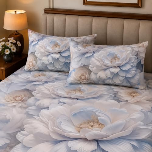 Image of 7D Digital Printed King Size Bedsheet with 2 Pillow Covers | Soft Premium Cotton Feel Microfiber Double Bed Bedsheet | Wrinkle Free & Fade Resistant | (WhiteFloral, KingSize-225x250CM)
