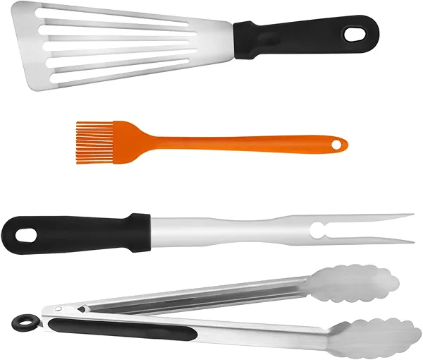BBQ Grill Tool Set – 4-Piece Stainless Steel Tongs, Fork, Fish Spatula & Basting Brush | Essential Heavy-Duty Accessories for Outdoor Cooking