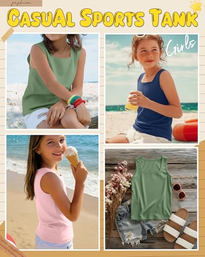 Image of 3 Pack Girls Square Neck Tank Tops | Basic, Sleeveless T-Shirts, Casual Summer Tanks, Kids Undershirts, School, Size 5-14 Years, Comfy, Elasticity
