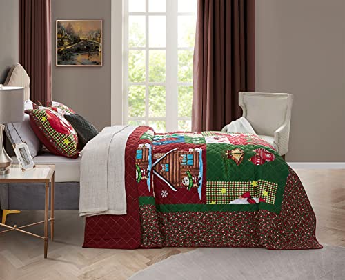 Image of CHIXIN Christmas Oversized Bedspread King Size, Santa Claus Pattern Bedding Quilt, Rustic Lodge Plaid Patchwork Coverlet Set, Lightweight & Soft Microfiber, 3 Piece, King /Cal King