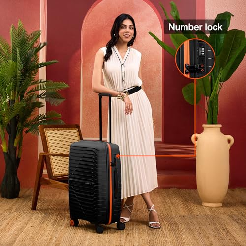 Image of Nasher Miles Cairo Hard-Sided Polypropylene Check-in Luggage 24 inch | 65cm | 8 Wheels Medium Trolley Bag for Travel | Suitcase (Black & Orange)