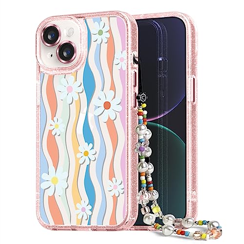 Coque iPhone 14 rose pailleté avec dragonne camomille pour femme 6,1"