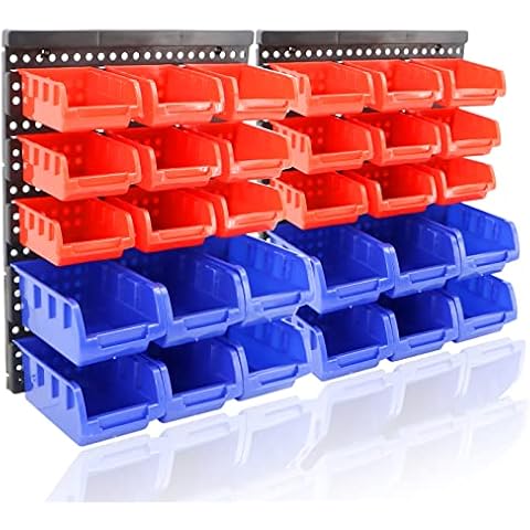 WerkWeit Wall Mounted Storage Bins Parts Rack 30Pcs Workshop Storage Bins Rack Garage Bolt Bins Organizer Hardware Bins Storage Bins for Nail,Screw, Bead, Button Cover