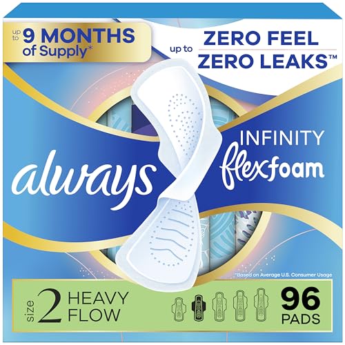 Always Infinity Feminine Pads for Women Flexfoam Pads with Wings Size 2 Heavy Absorbency Unscented 96 Count (3 Packs of 32)