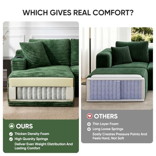 Image of Boneless Couch, 127 inch Sofas for Living Room, U Shaped Couch with Chaise | Cloud Couch Sectional with Cup Holders and Storage, Cloud Sofa with Deep Seat, Green, Corduroy, No Assembly