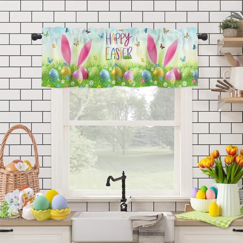 HELLOWINK Easter Valances for Kitchen Windows Spring Funny Rabbit Valance Curtains for Living Room, Easter Eggs Rod Pocket Window Valance Red Window Treatment for Bathroom Bedroom 54x18inch, Washable