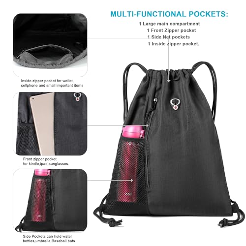 Image of BeeGreen Mix Black Drawstring-Backpack-Gym-Bag, Large Sports Bag For Women W Water Bottle Pocket &Front Zippered Pocket, String Sackpack For Traveling Yoga Beach Outdoor