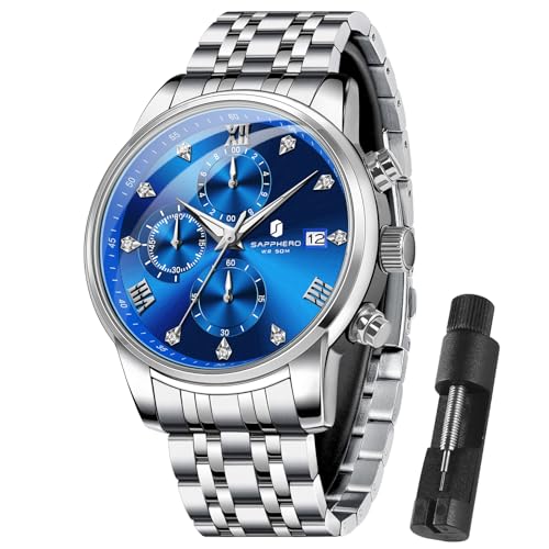Image of Sapphero Watches for Men Waterproof Luminous Watches with Date Dial Chronograph Analog Quartz Movement Steel Stainless Business Wrist Watches Mens Gifts
