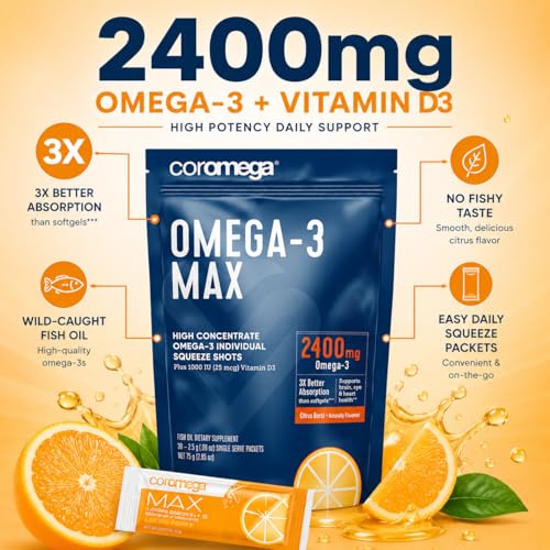 Image of Coromega - MAX Omega-3 Fish Oil + Vitamin D - 30 Packets - Citrus Burst | 2400mg Omega-3s, Wild-Caught Fish Oil, 3X Better Absorption Than Softgels, No Fishy Taste, Daily Squeeze Packets