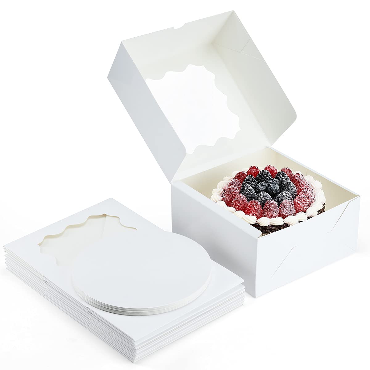 BagDream 20Pcs 10x10x5 Cake Boxes with 20Pcs Cake Boards, White Bakery Cake Boxes with Window for Pa