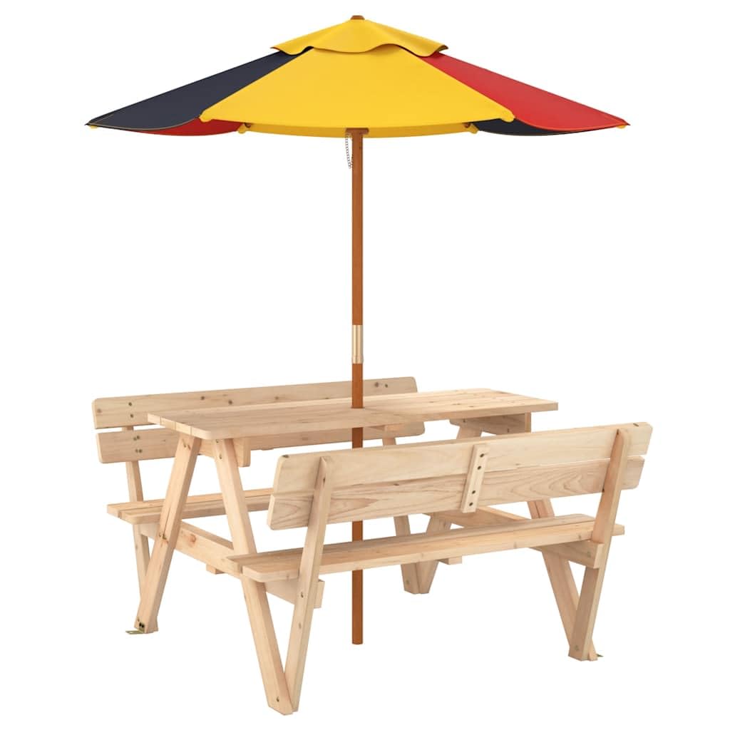 Tavolo da picnic per bambini con ombrellone in legno di abete massiccio, 4 posti, per giardino, terrazza, balcone e esterni, a forma di W, per picnic, barbecue e feste