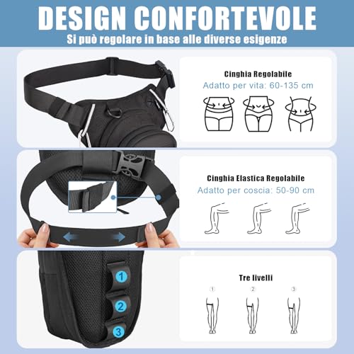 Eshow Marsupio Da Gamba Moto, Borsa Cosciale Espandibile Con Fibbia Borraccia E Striscia Riflettente Per Uomo E Donna, Borsello Sportivo Con Multitache Per Trekking Ciclismo Viaggio Campeggio Pesca - 6