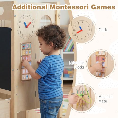 Image of Costzon Toddler Step Stool, 4-in-1 Foldable Standing Tower with Built-in Chalkboard & Detachable Safety Net, Montessori Games, Anti-tip Feet, Wooden Kitchen Kids Helper for Boys & Girls Aged 3+