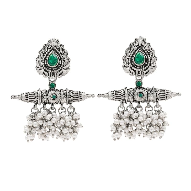 Shining Jewel Traditional Indian Matte Antique Oxidised Silver CZ, Crystal Studded Drop Earring For Women - Black (SJE_216_BK)