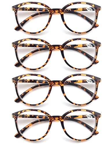 MODFANS 4-Pack Reading Glasses Fashion Printed for Men Women,Readers Glasses Round Frame Comfort Spring Hinges,Eyeglasses(4 Leopard)
