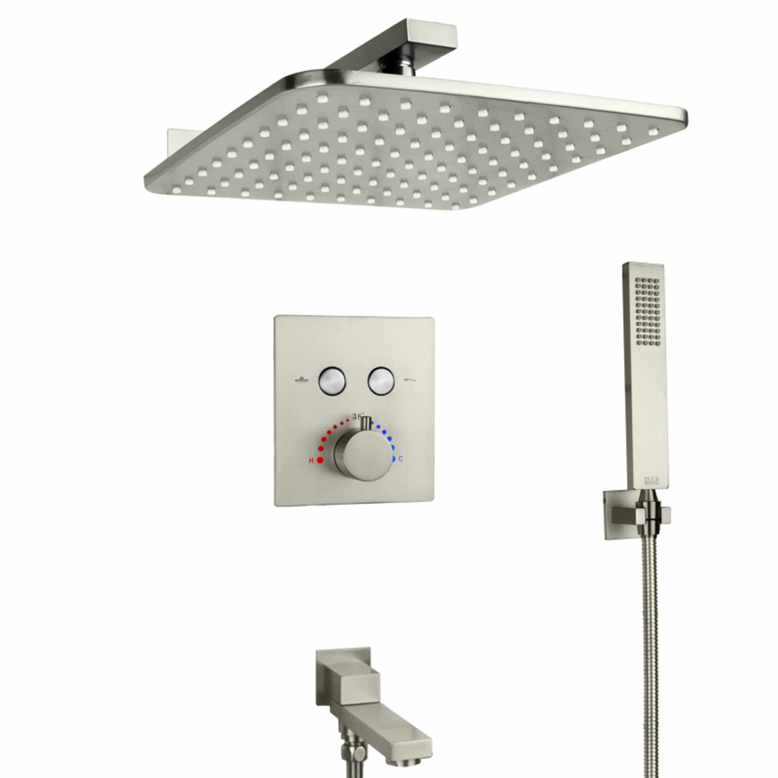 OZBMA Shower Mixer, Concealed Thermostatic Square Head and Hose Set Mixer (Brushed Gold)