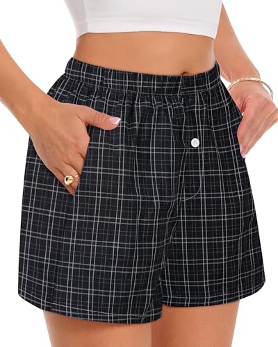 Image of Women Boxer Shorts Summer Gingham Pj Casual Plaid Bottoms with Pocket