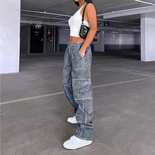 Image of Lepunuo Cargo Pants for Women High Waisted Casual Pants Baggy Stretchy Wide Leg Y2K Streetwear with 6 Pockets