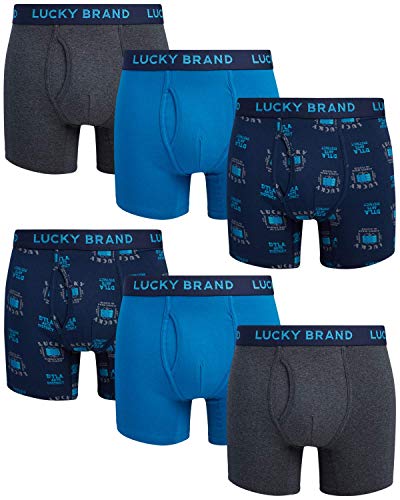 Lucky Brand Men's Underwear - Cotton Blend Stretch Boxer Briefs (6 Pack), Size Medium, Charcoal/Print/Blue