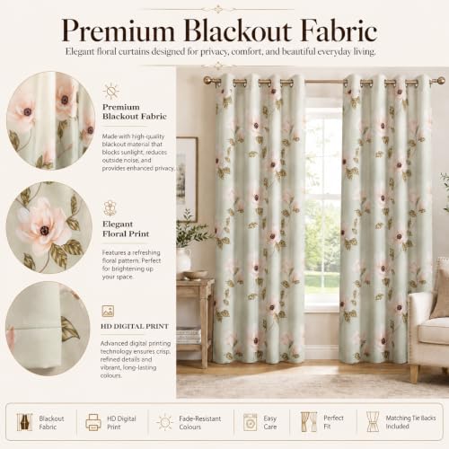 Image of Blackout Printed Window Curtains 5 Feet Long Set of 2 Curtains with Tie Back, Parda Windows, Printed Curtains for Living Room, Bedroom, 80-85% Blackout (5 Feet, Magnolia Mist)