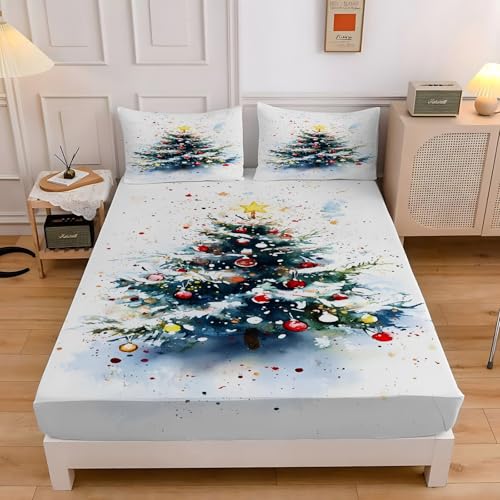 オーナメントボールクイーンサイズ ベッドシーツクリスマスツリーベッドカバー柔らかい通気性マイクロファイバー 3点セット防ダニ高反発 吸水 速乾 抗菌 防臭 防ダニと 2 枕カバー43x63 cm着脱簡単 丸洗い可能 マットレスカバー160x200x30 c