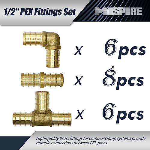 Image of 1 /2 Inch Brass PEX Fittings 20-Pack, 8pcs Straight Coupler, 6pcs Elbow and 6pcs TEE Crimp, PEX Brass Crimp Fitting Combo, No-Lead Brass for PEX Pipe Plumbing Projects by MISPIRE