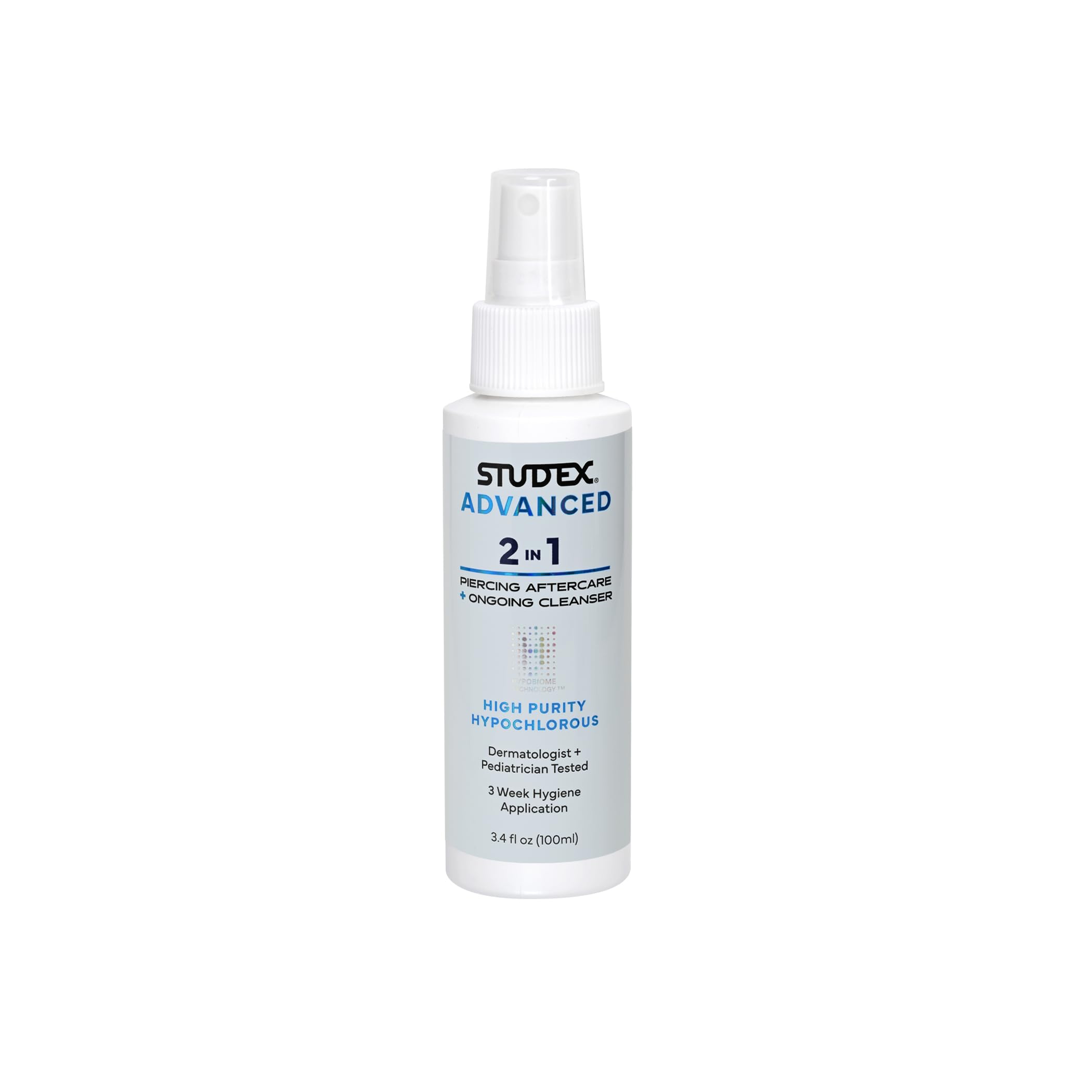 Studex Advanced 2-in-1 Piercing Aftercare & Cleanser – Hypochlorous Spray for Body and Ear Piercing, Hypoallergenic Formula for Sensitive Skin (3.4oz), 3.4 Fl Oz (Pack of 1)