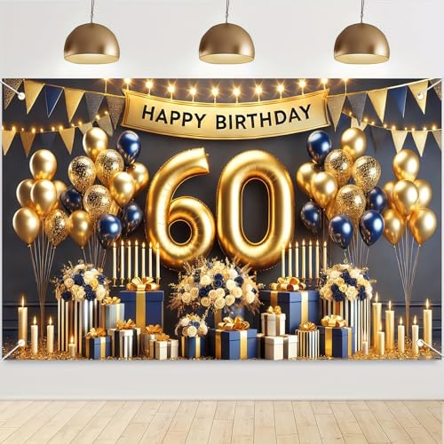 Image of BlissYard Happy 60th Birthday Backdrop Gold and Navy Blue Balloon Banner Birthday Sign Photography Background 60 Year Birthday Party for Women Birthday Party Decorations Photo Booth 71x 43 Inch